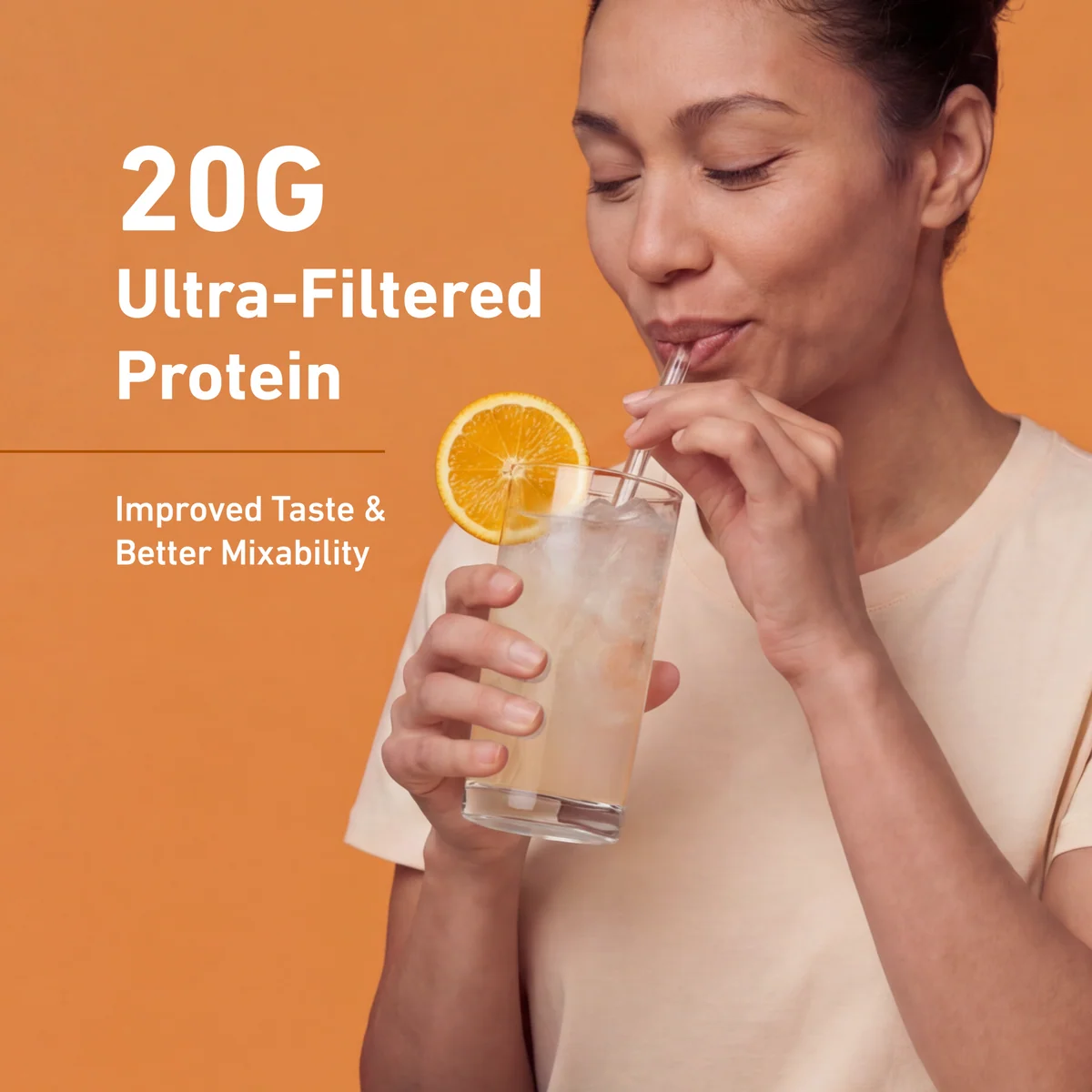 A woman in a beige top drinks from a glass of iced beverage with an orange slice garnish, set against an orange background with text reading '20G Ultra-Filtered Protein' and 'Improved Taste & Better Mixability'.