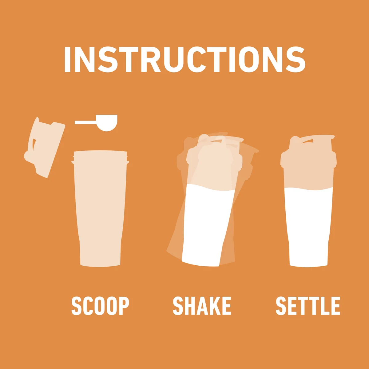 Instructional graphic with the word 'INSTRUCTIONS' at the top and three labeled steps showing a cup: 'SCOOP' with a scoop above, 'SHAKE' with a hand implied by motion blur, and 'SETTLE' showing the cup filled. The design uses a dusty rose background with white text and pale pink cup illustrations.