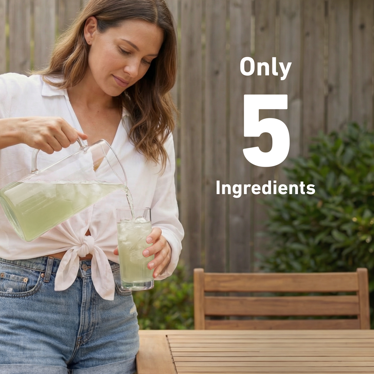 A woman outdoors pours a pale green liquid from a clear pitcher into a glass. Large white text on the right reads 'Only 5 Ingredients.