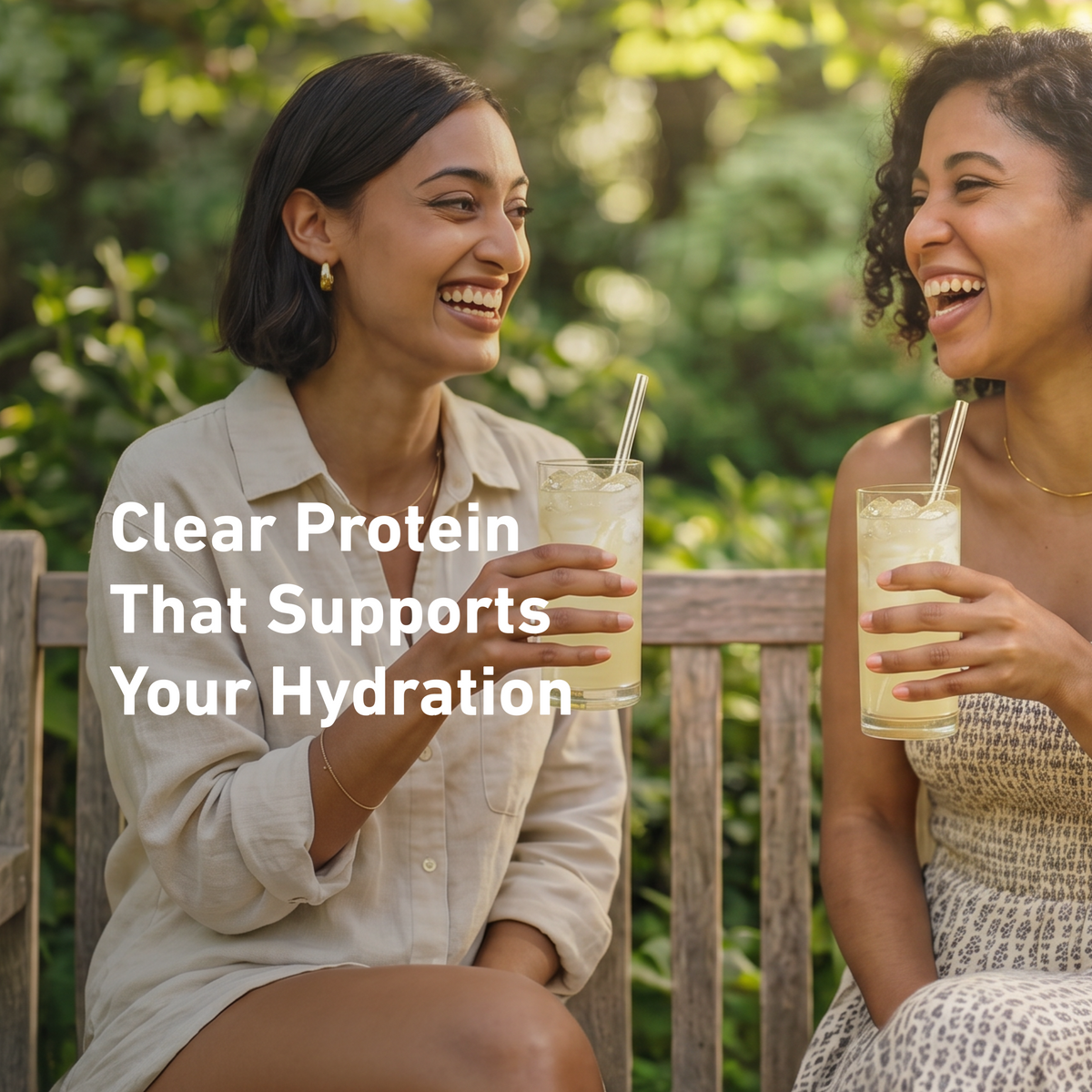 Two women laughing on a wooden bench outdoors, each holding a tall glass of iced drink with a straw. White text across the left side reads, 'Clear Protein That Supports Your Hydration.