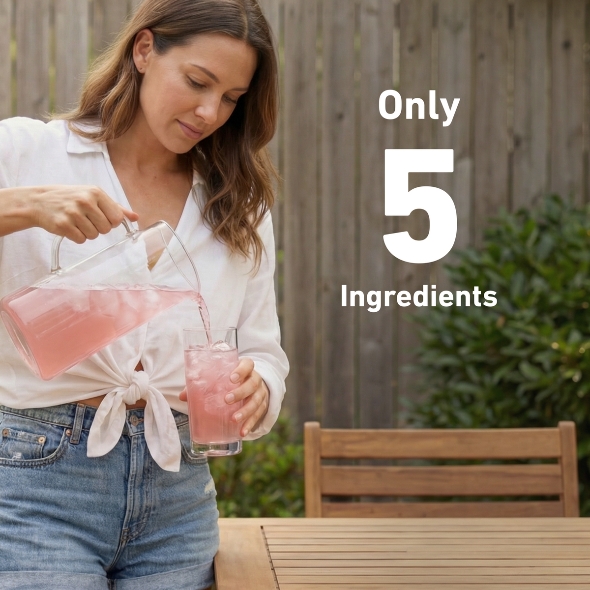 Woman pouring pink drink into a glass with text 'Only 5 Ingredients' outdoors.