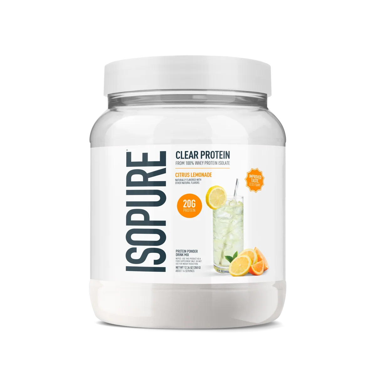 A white tub of Isopure Clear Protein in Citrus Lemonade flavor, shown on a clean white background. The label features the brand name 'ISOPURE' in large dark gray letters, along with a graphic of a glass of lemonade with lemon slices.