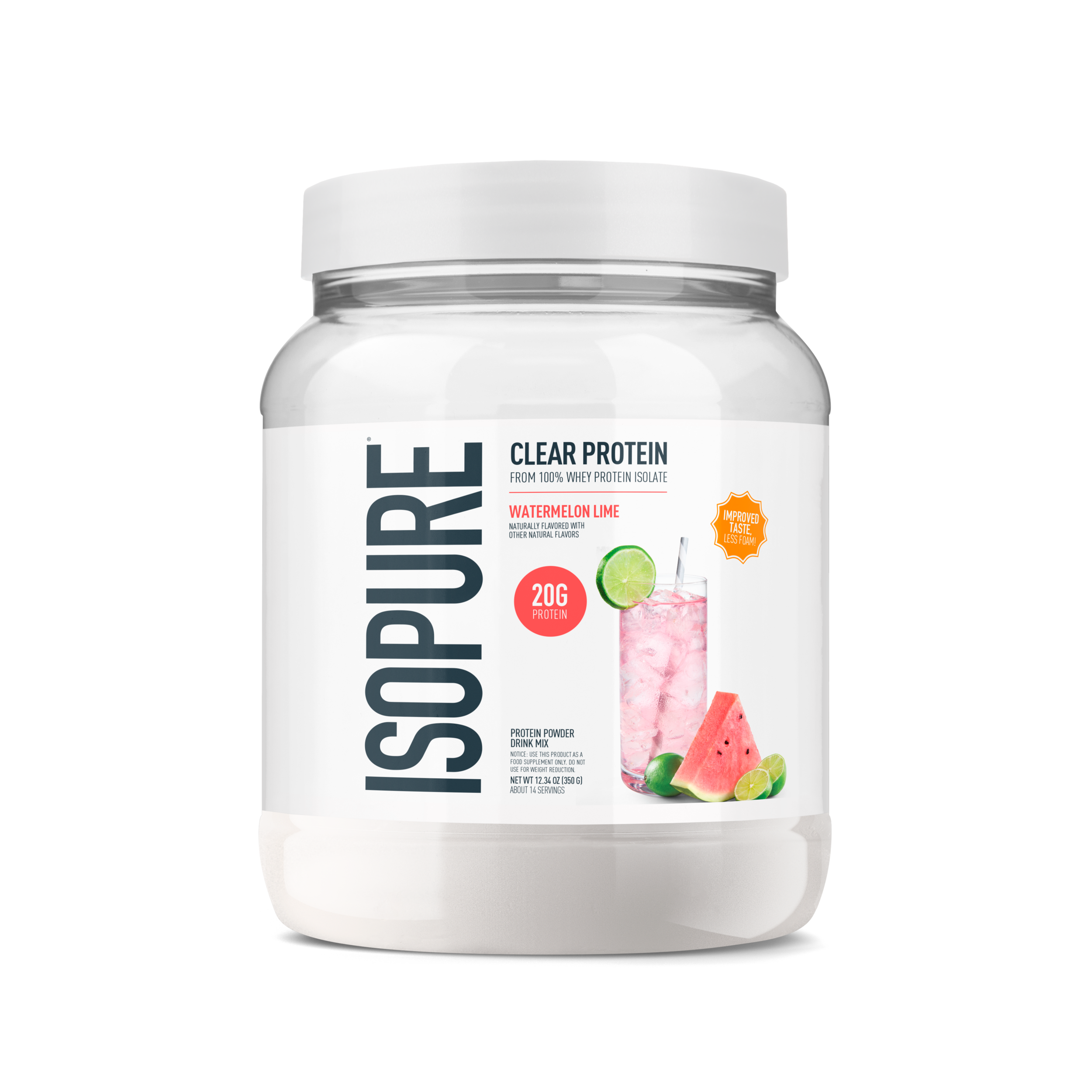 A white tub of Isopure Clear Protein in Watermelon Lime flavor, featuring a white lid and a white label with dark blue text and watermelon and lime graphics.