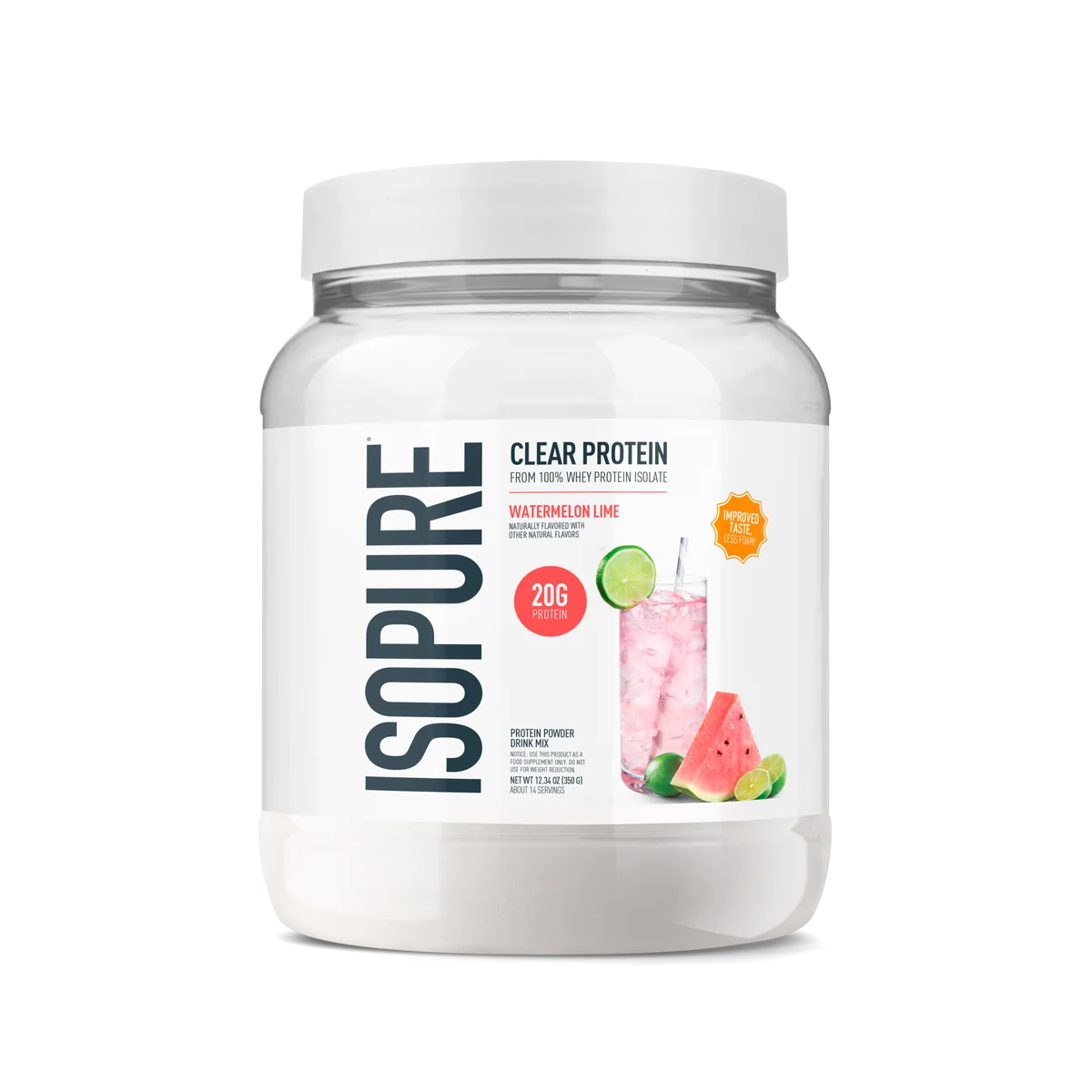 A white tub of Isopure Clear Protein in Watermelon Lime flavor, featuring a white lid and a white label with dark blue text and watermelon and lime graphics.