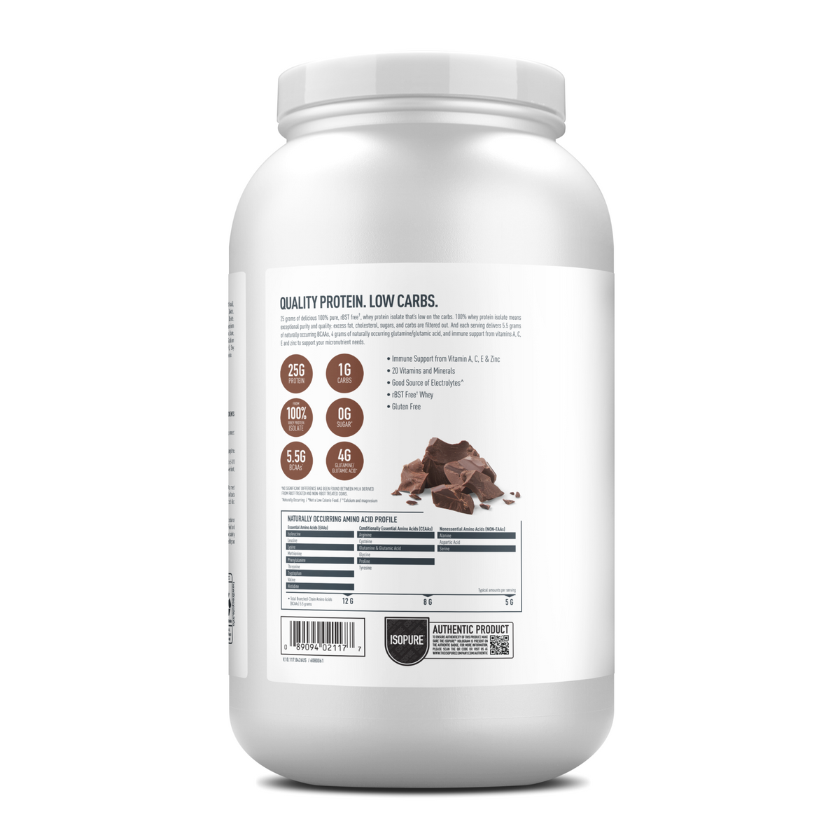 Front view of Isopure low-carb protein powder packaging on a plain background