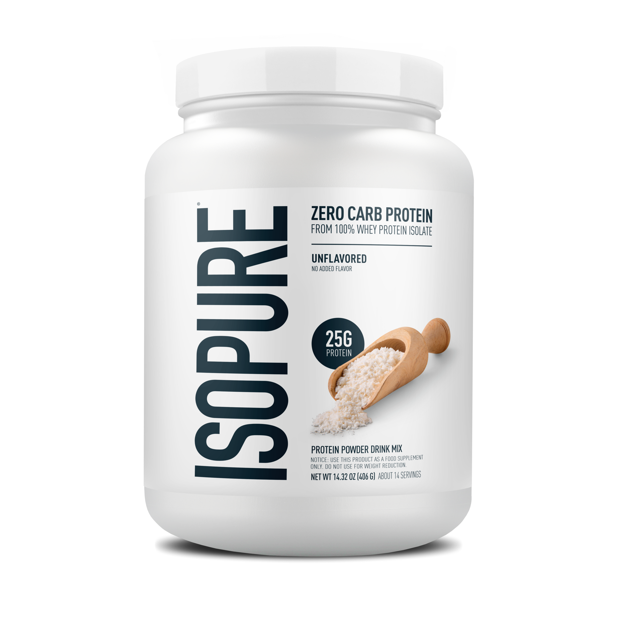 Isopure zero carb protein powder container on a white background