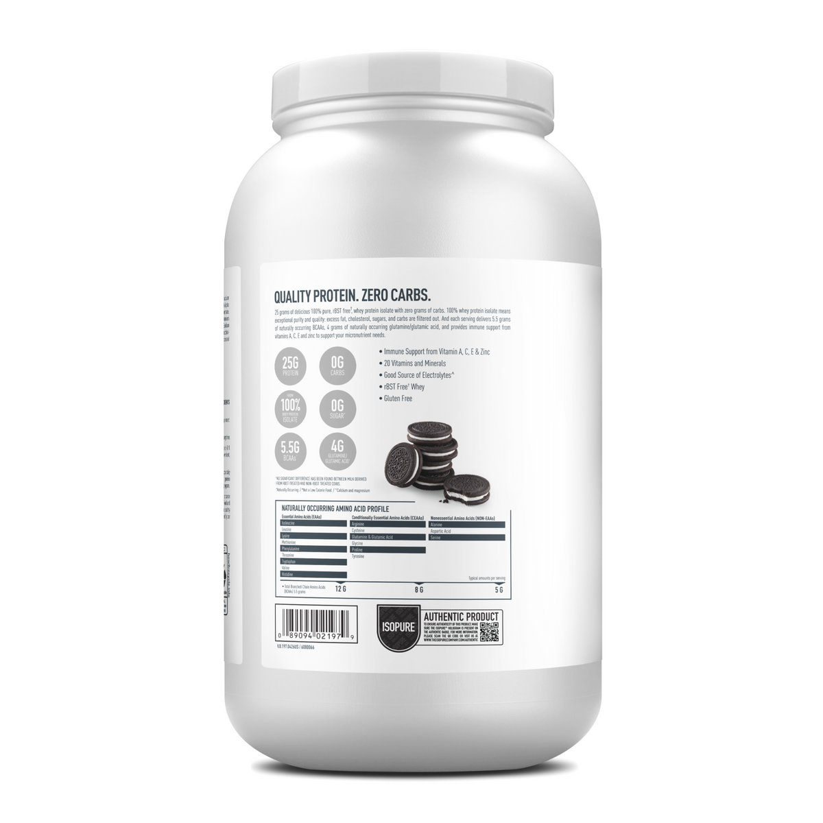 Front view of Isopure zero-carb protein powder packaging on a plain background