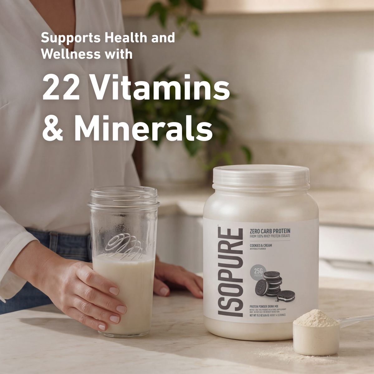 Isopure product beside a seated woman with text highlighting 22 vitamins and minerals