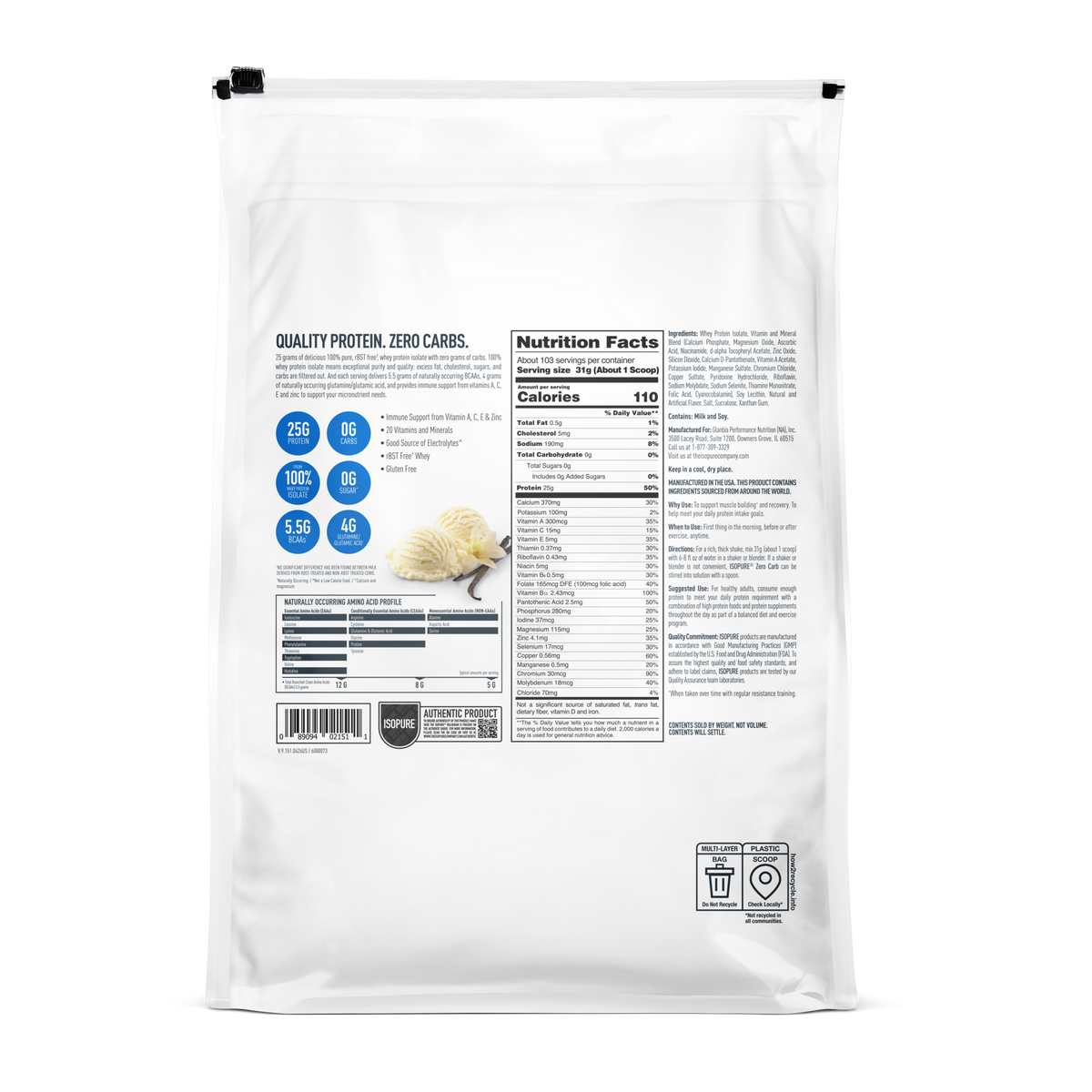 Nutrition facts, ingredients and preparation directions for zero-carb protein powder