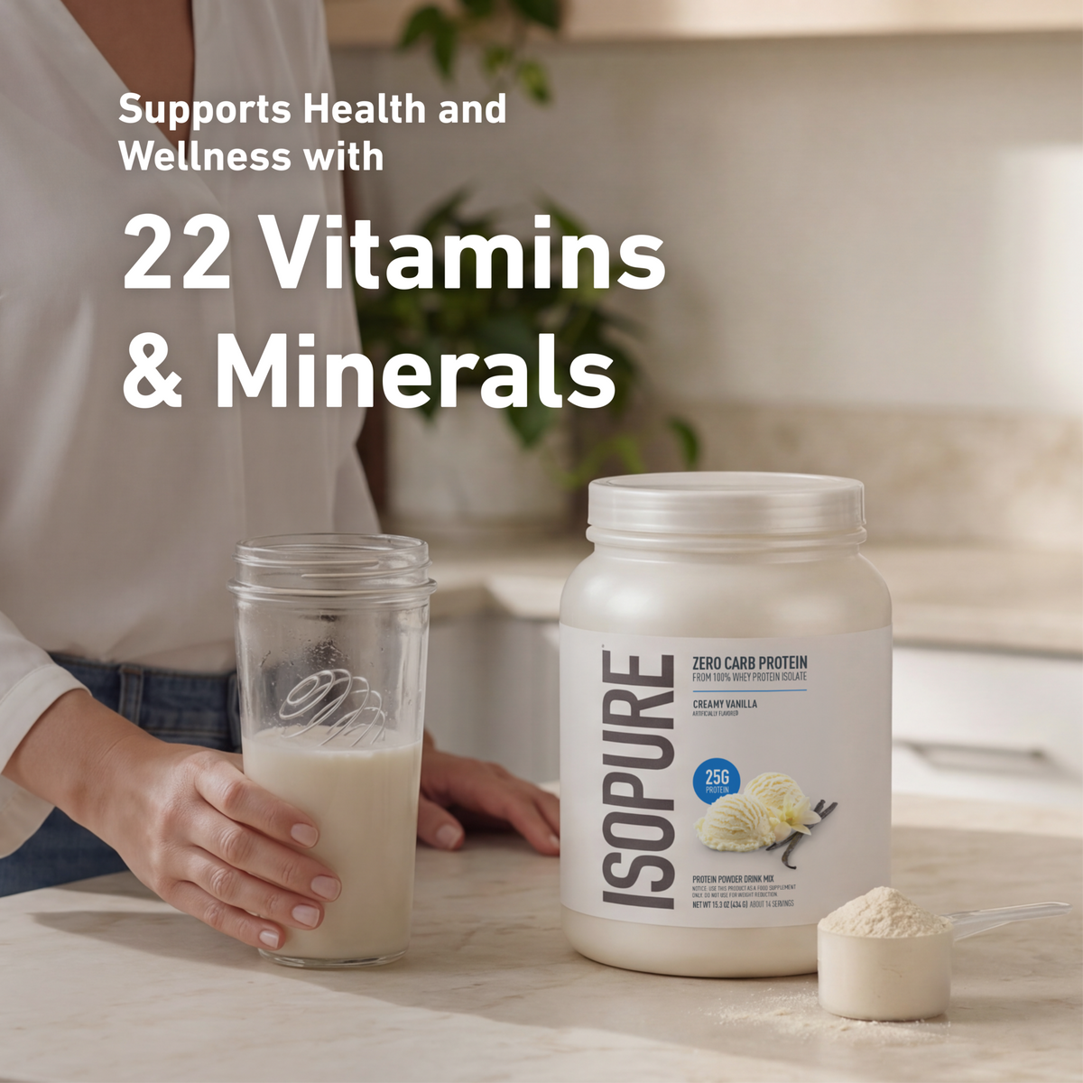 Isopure product panel highlighting support from 22 vitamins and minerals
