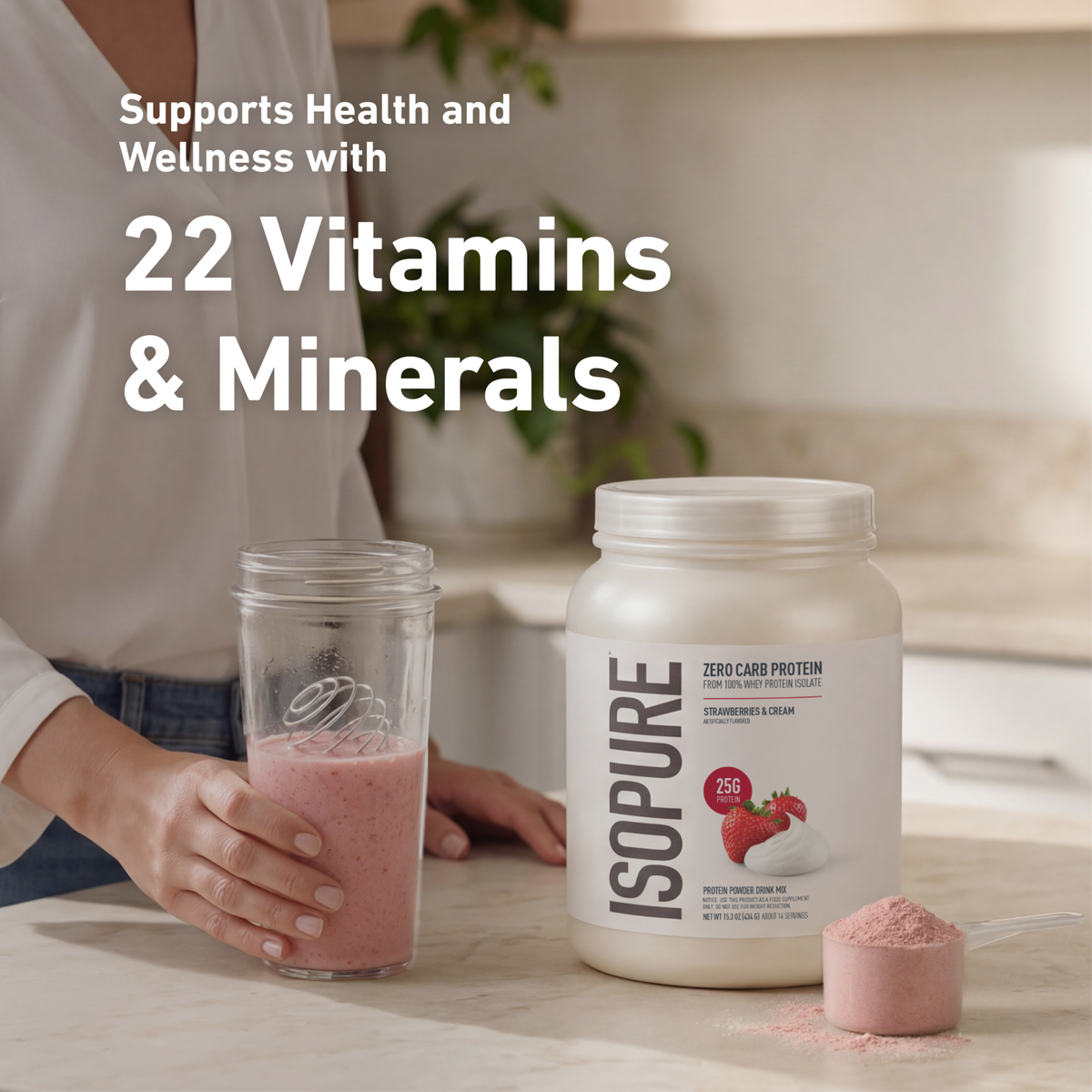 Isopure product beside a seated woman with text highlighting 22 vitamins and minerals