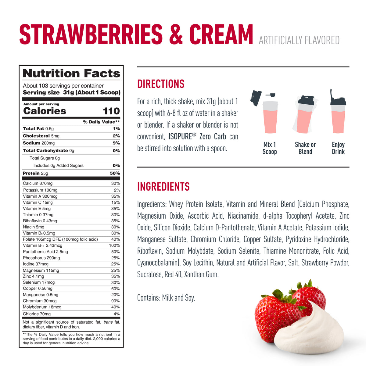Nutrition facts, ingredients and directions for Strawberries & Cream protein powder