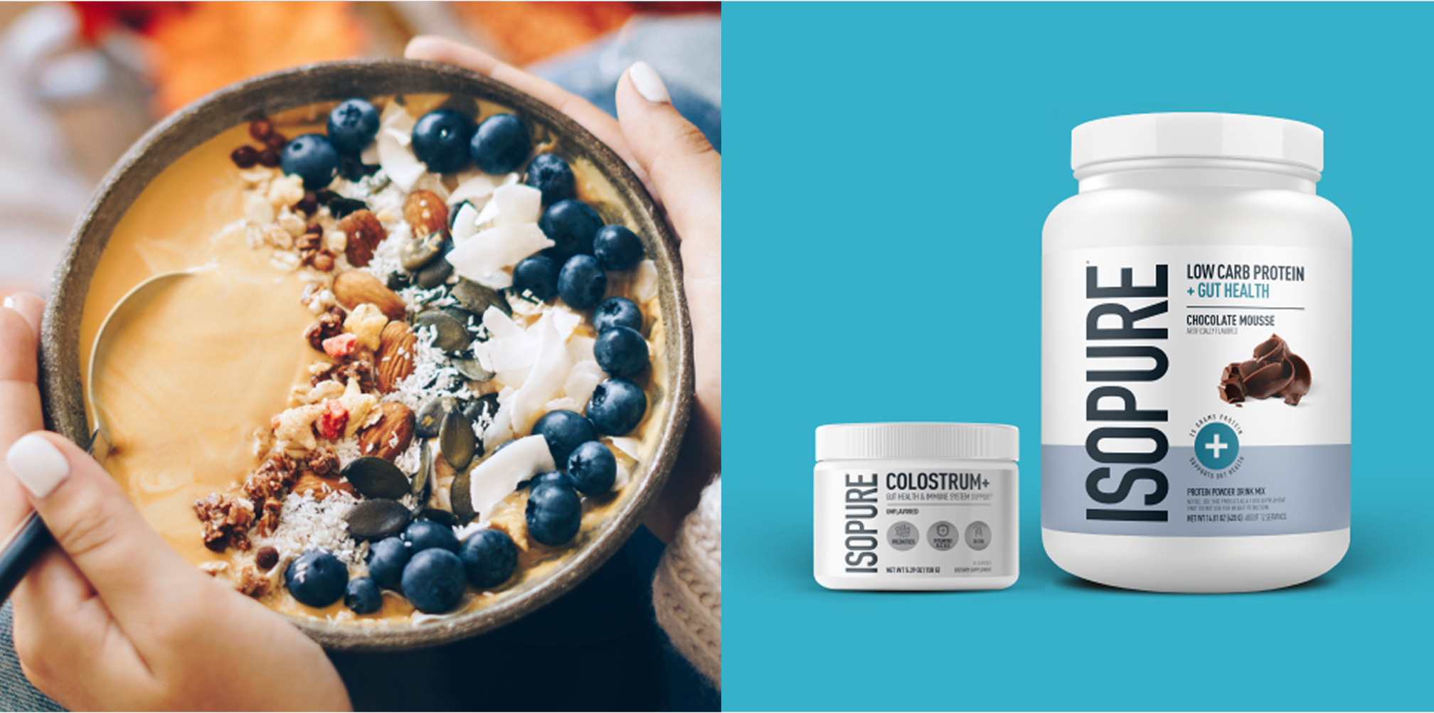 Person holding a bowl of acai bowl with another image of Isopure protein powder on a blue background.