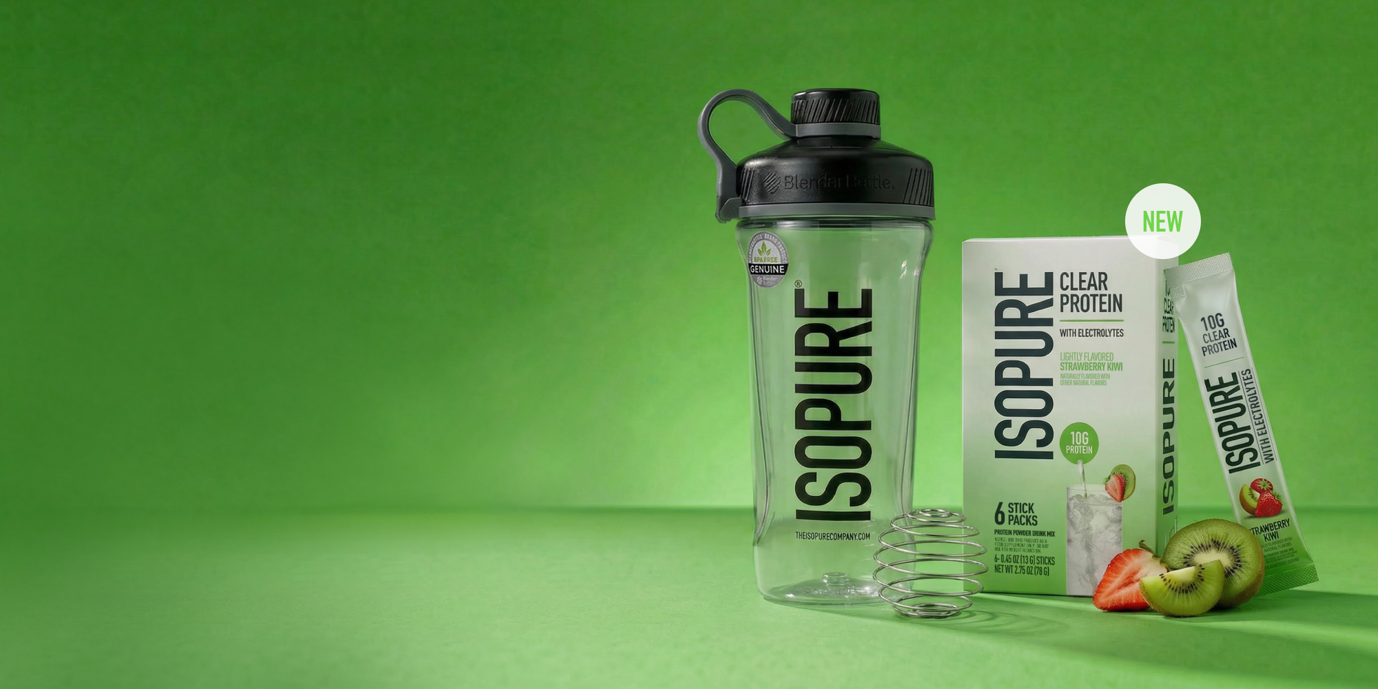 Isopure protein shaker bottle and packaging on a green background