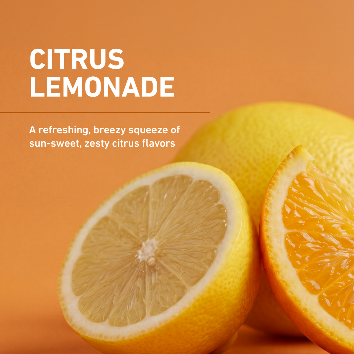 Citrus lemonade advertisement with lemons and oranges on an orange background