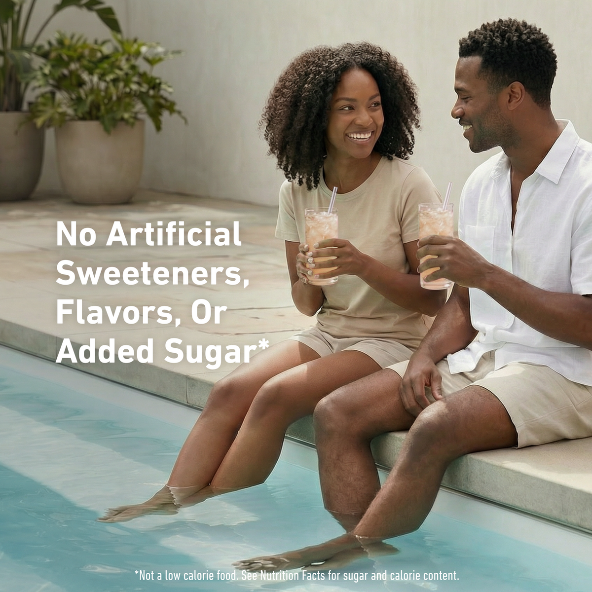 Couple sitting by a pool holding drinks with text about sweetener content.