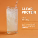 A tall clear glass filled with a pale protein drink and ice, with a clear straw, on an orange background with white text reading 'CLEAR PROTEIN' and additional product copy.
