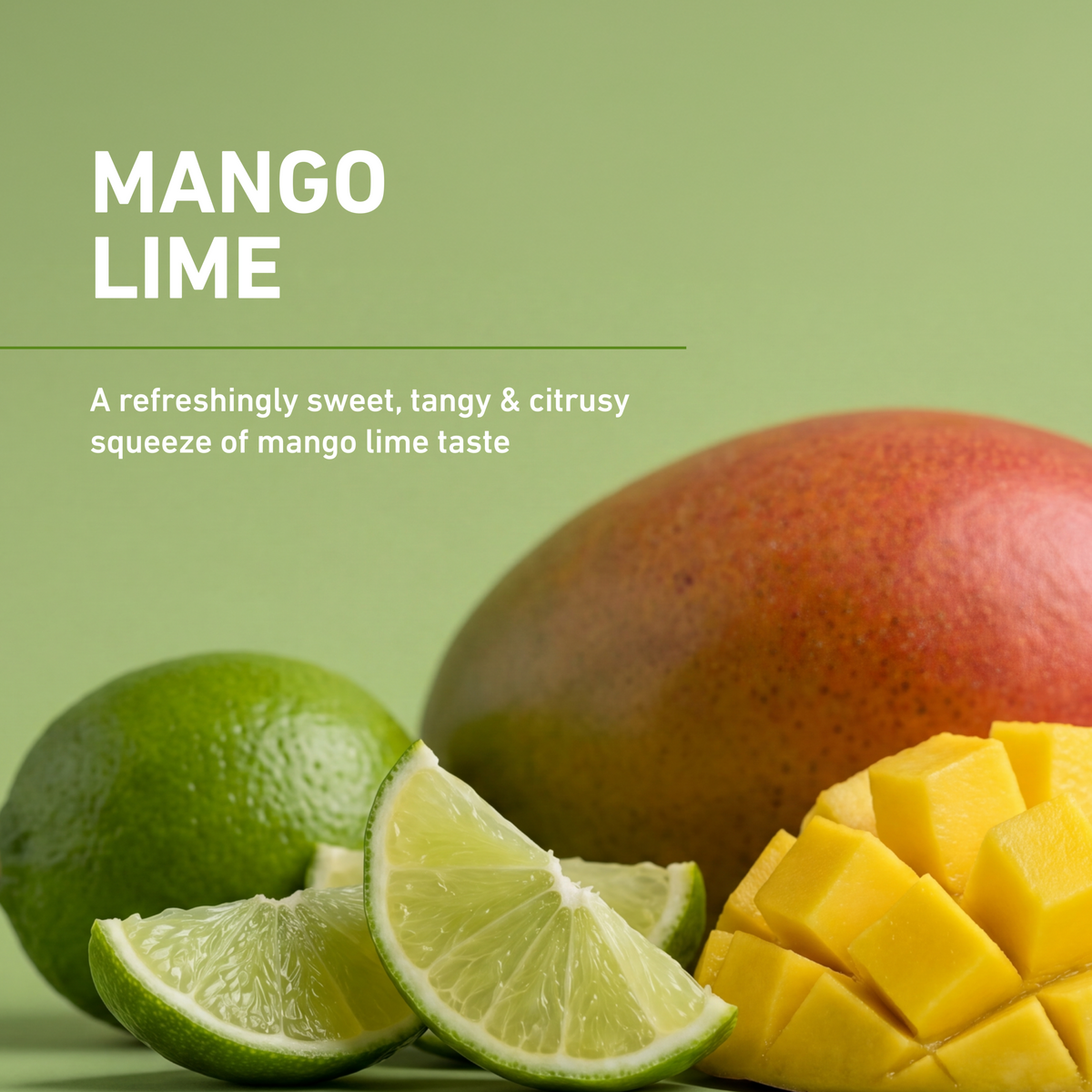 Mango lime flavor graphic with a whole mango, sliced lime wedges, and cubed mango on a light green background with the text 'MANGO LIME' and a flavor description.