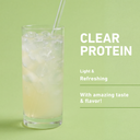 A tall clear glass filled with a pale yellow iced drink and a clear straw, set against a light green background with white text reading 'CLEAR PROTEIN' and additional descriptive copy.