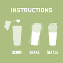 Instructional graphic with the word 'INSTRUCTIONS' at the top and three labeled steps: 'SCOOP', 'SHAKE', and 'SETTLE', shown with simple illustrated cup graphics on an orange background.