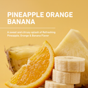 Promotional graphic for a pineapple, orange, and banana flavor product, showing sliced orange, banana slices, and pineapple on a warm yellow background with the text 'PINEAPPLE ORANGE BANANA' and descriptive copy.