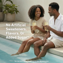 A man and woman sitting by a swimming pool holding drinks, with text reading 'No Artificial Sweeteners, Flavors, Or Added Sugar*'.