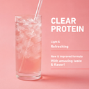 Glass of pink iced drink with straw on a pink background, featuring text about clear protein.
