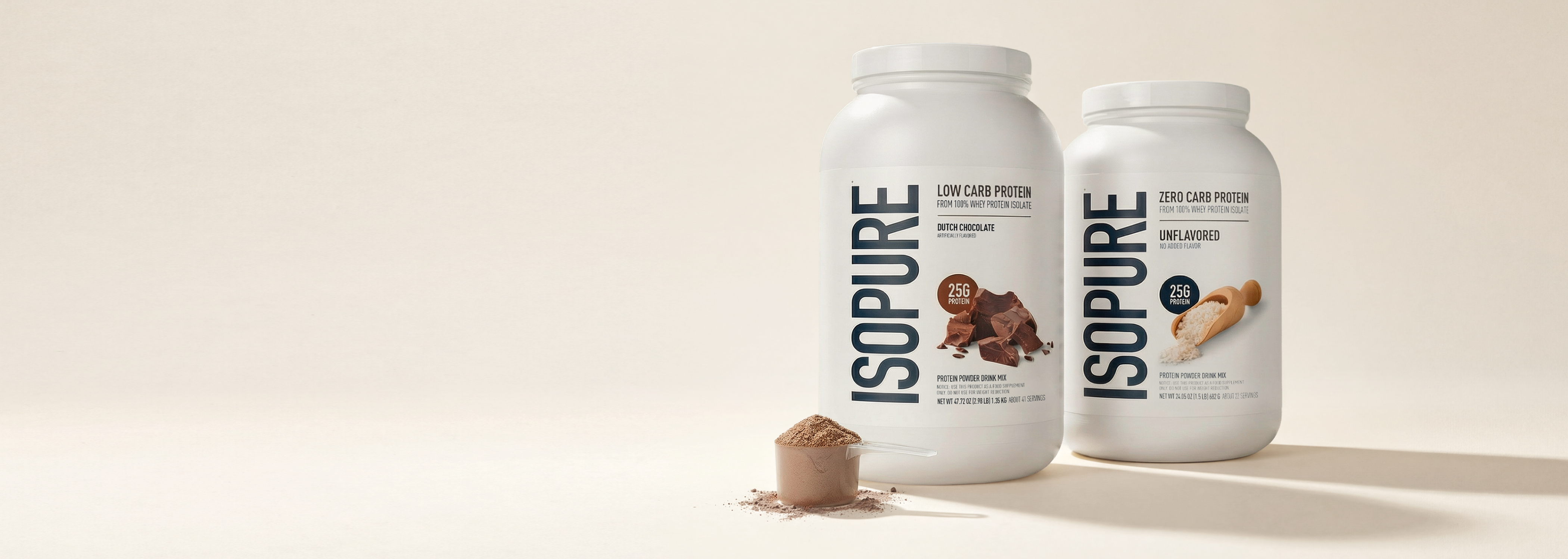Two containers of Isopure protein powder on a beige background