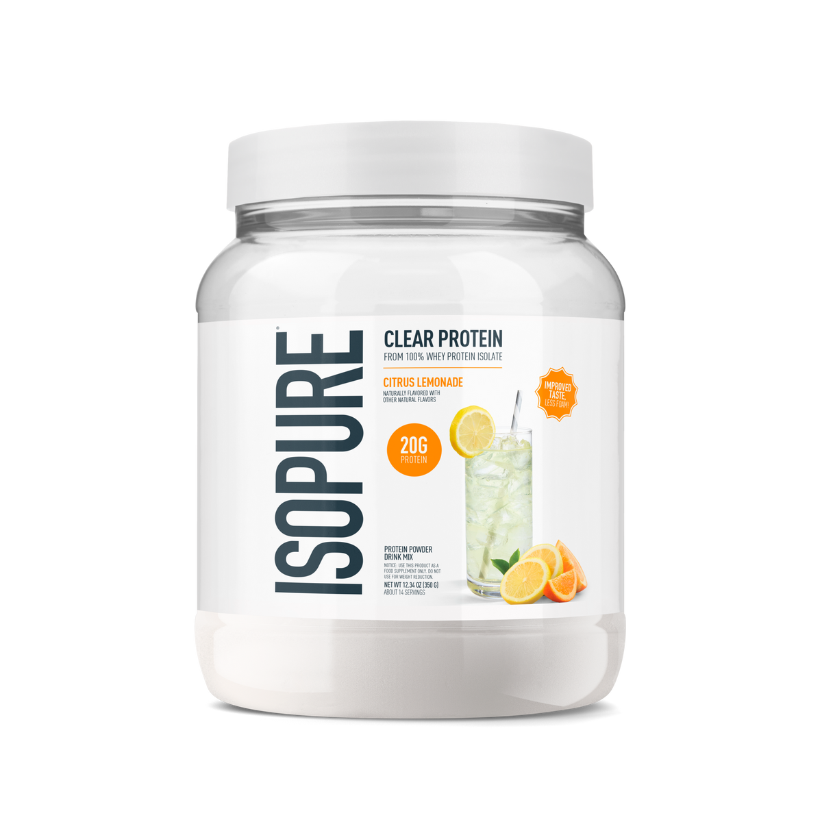 A white tub of Isopure Clear Protein in Citrus Lemonade flavor, shown on a clean white background. The label features the brand name 'ISOPURE' in large dark gray letters, along with a graphic of a glass of lemonade with lemon slices.