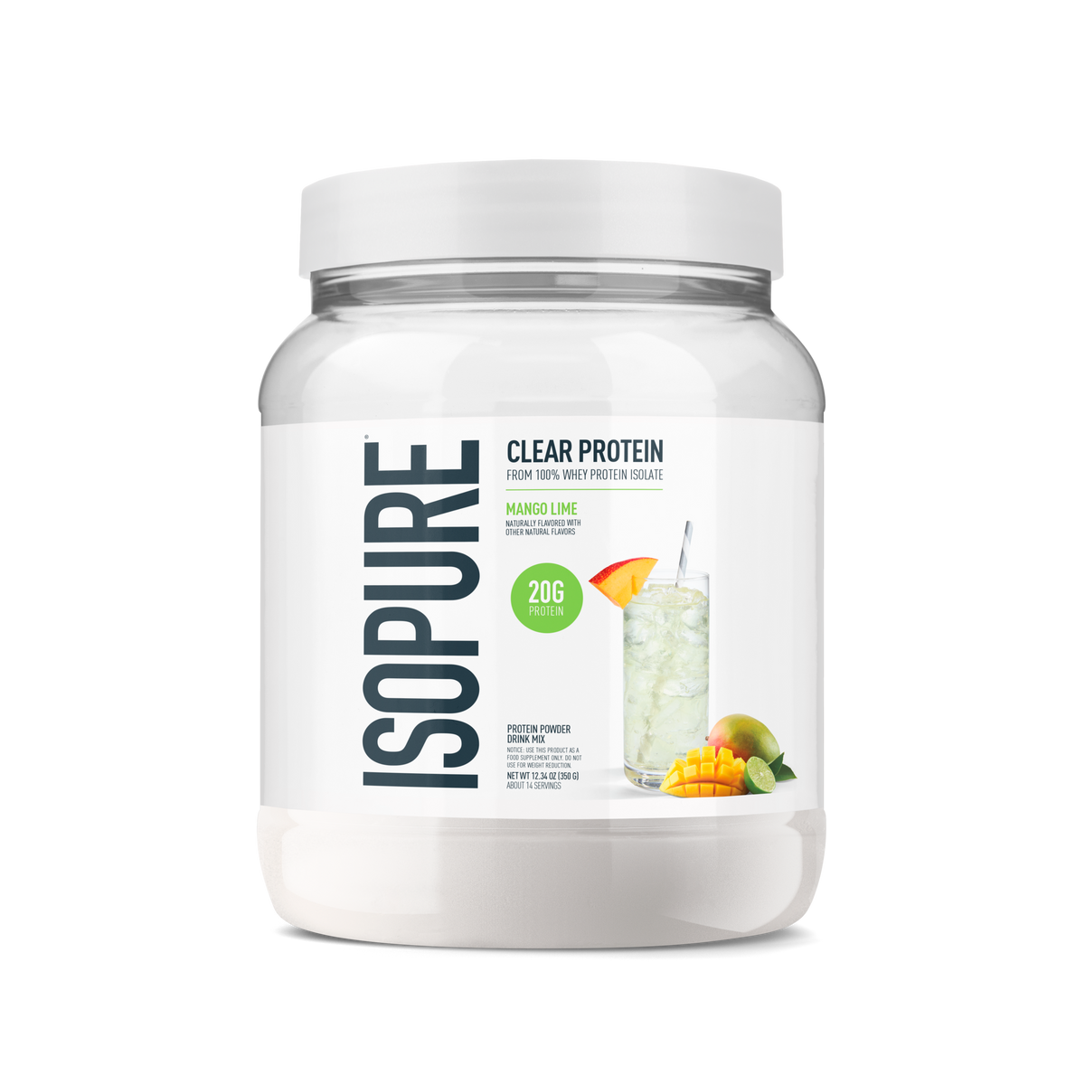 A white tub of Isopure Clear Protein powder in Mango Lime flavor, shown on a clean white background. The label features dark gray text, a green circular badge indicating 20g protein, and an illustration of a mango lime cocktail.