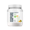 A white tub of Isopure Clear Protein powder in Mango Lime flavor, shown on a clean white background. The label features dark gray text, a green circular badge indicating 20g protein, and an illustration of a mango lime cocktail.