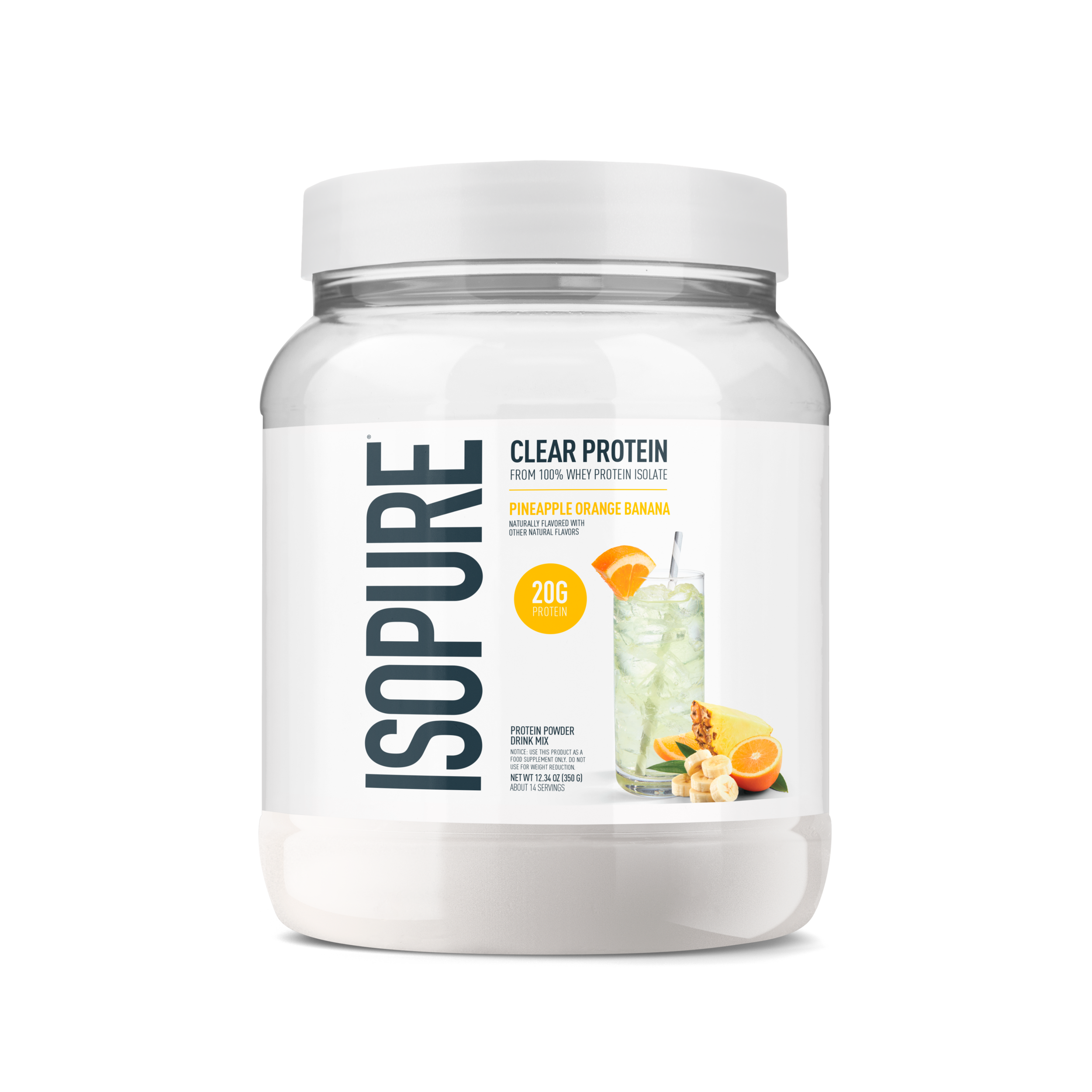A white tub of Isopure Clear Protein powder in Pineapple Orange Banana flavor, shown on a clean white background.