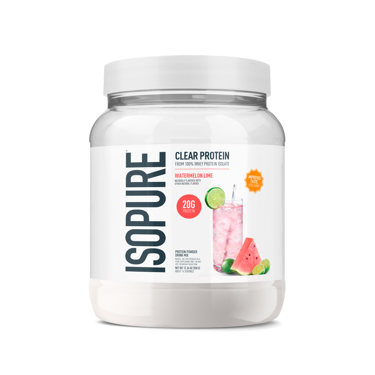 A white tub of Isopure Clear Protein in Watermelon Lime flavor, featuring a white lid and a white label with dark blue text and watermelon and lime graphics.