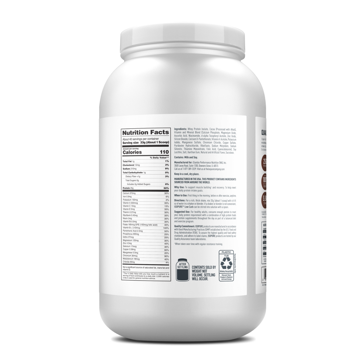 Back view of Isopure product packaging with nutrition facts