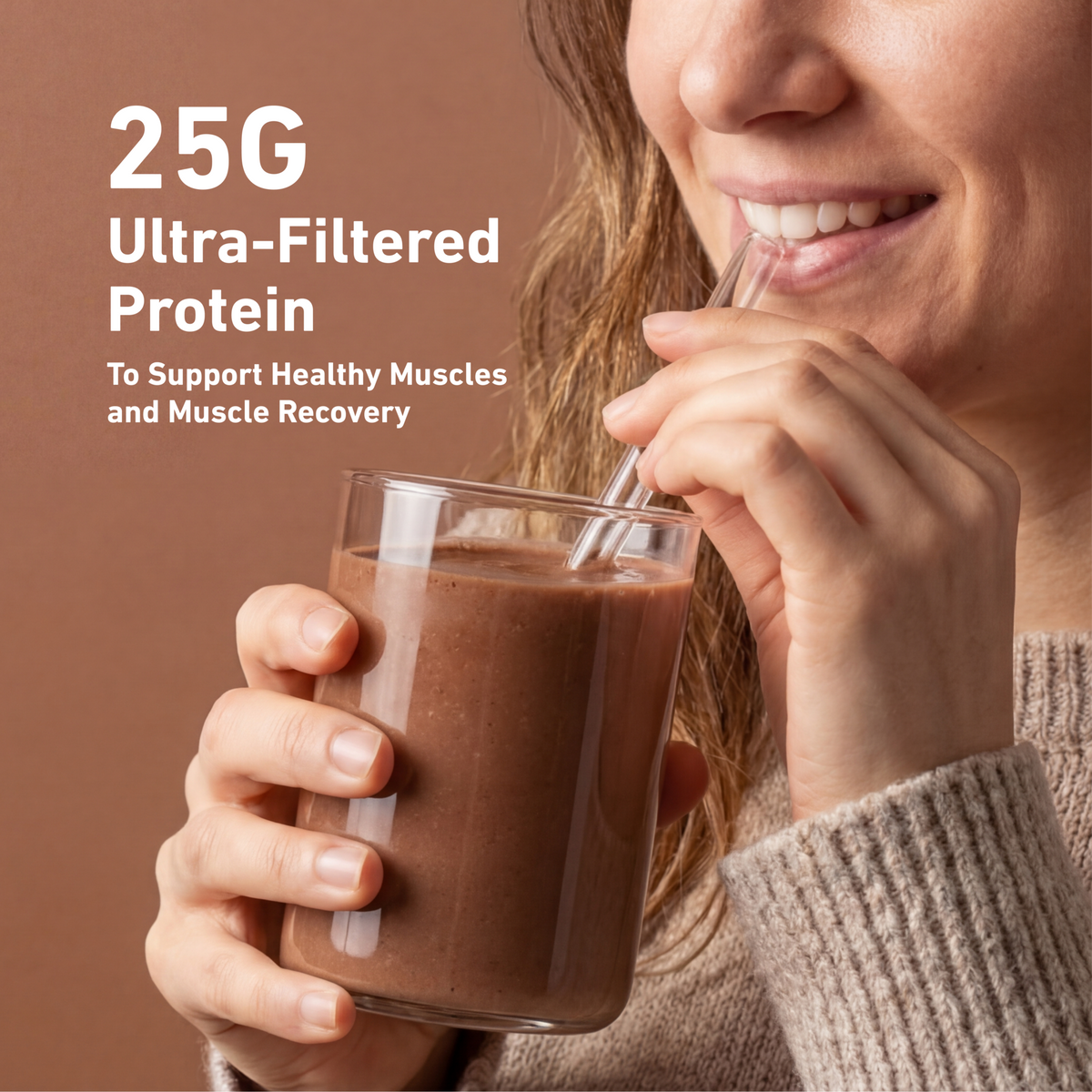 Person holding a protein shake with text highlighting 25 grams of ultra-filtered protein