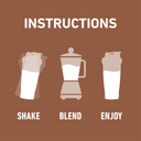 Three-step preparation graphic showing the product shaken, blended, then enjoyed