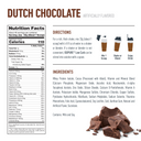 Nutrition facts, ingredients and preparation directions for Dutch Chocolate low-carb protein powder, including 110 calories per serving