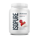 Front view of Isopure Strawberries & Cream zero-carb protein powder packaging on a plain background