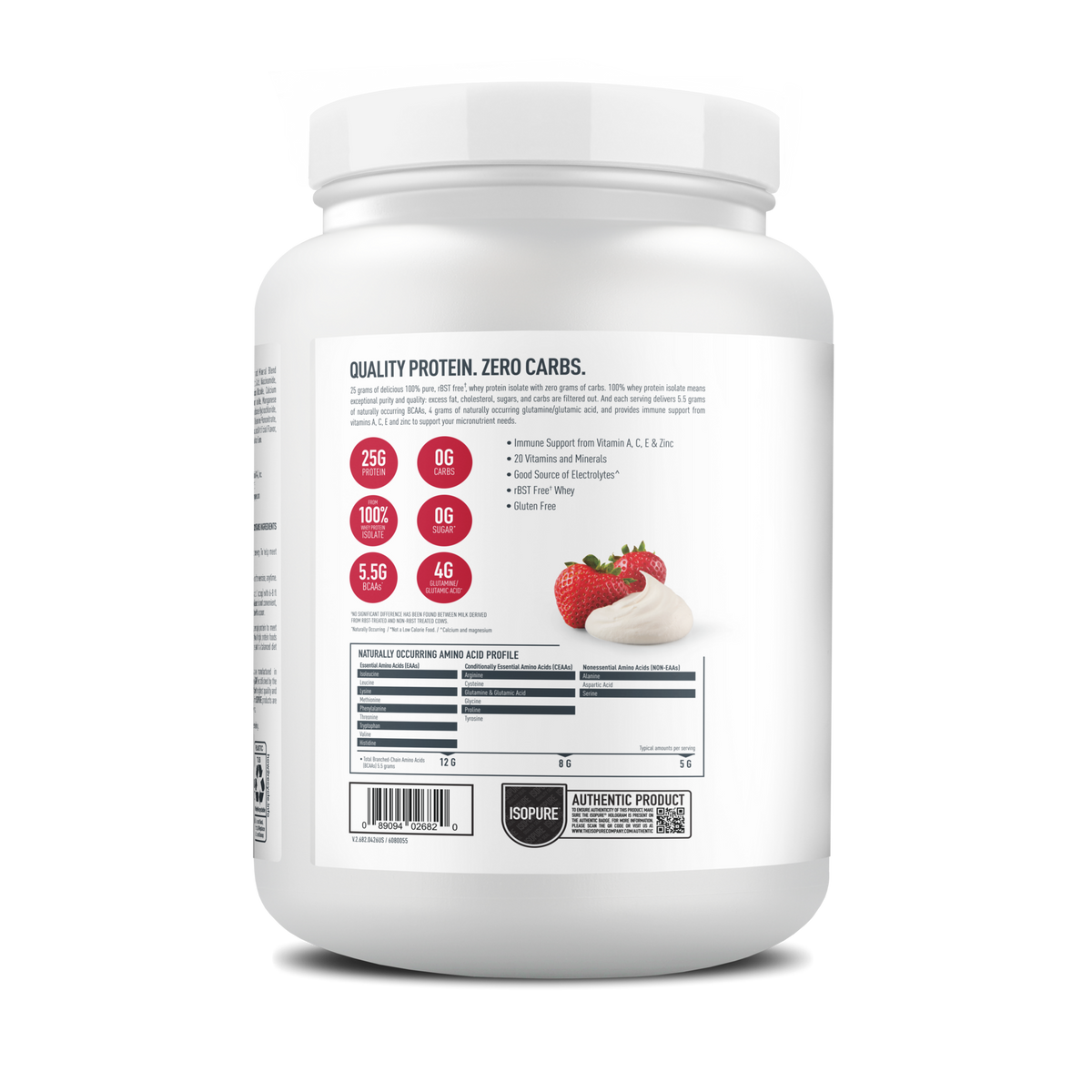 Front view of Isopure zero-carb protein powder packaging on a plain background