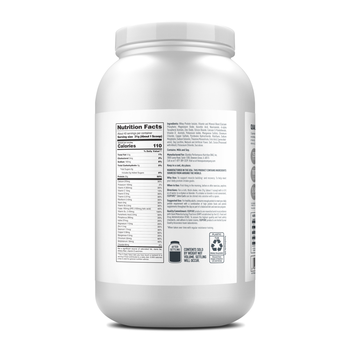 Front and back views of an Isopure protein powder tub