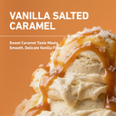 Vanilla salted caramel ice cream scoop with caramel drizzle and coarse salt on a warm orange background with the text 'VANILLA SALTED CARAMEL' and a tagline.