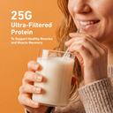 A woman holds a glass of creamy white protein drink with a straw against an orange background, with text reading '25G Ultra-Filtered Protein' and 'To Support Healthy Muscles and Muscle Recovery.'.