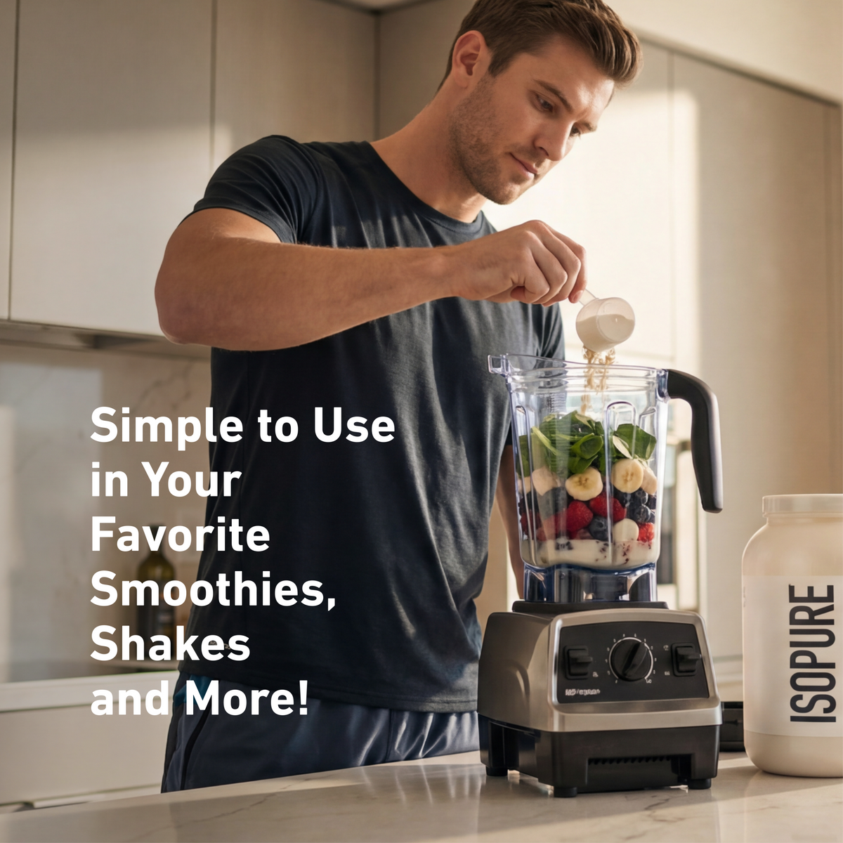 Man adding ingredients to a blender with text about using it for smoothies and shakes.