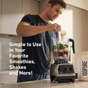Man adding ingredients to a blender with text about using it for smoothies and shakes.