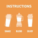 Instructions for making a shake, blend, and enjoy on a brown background