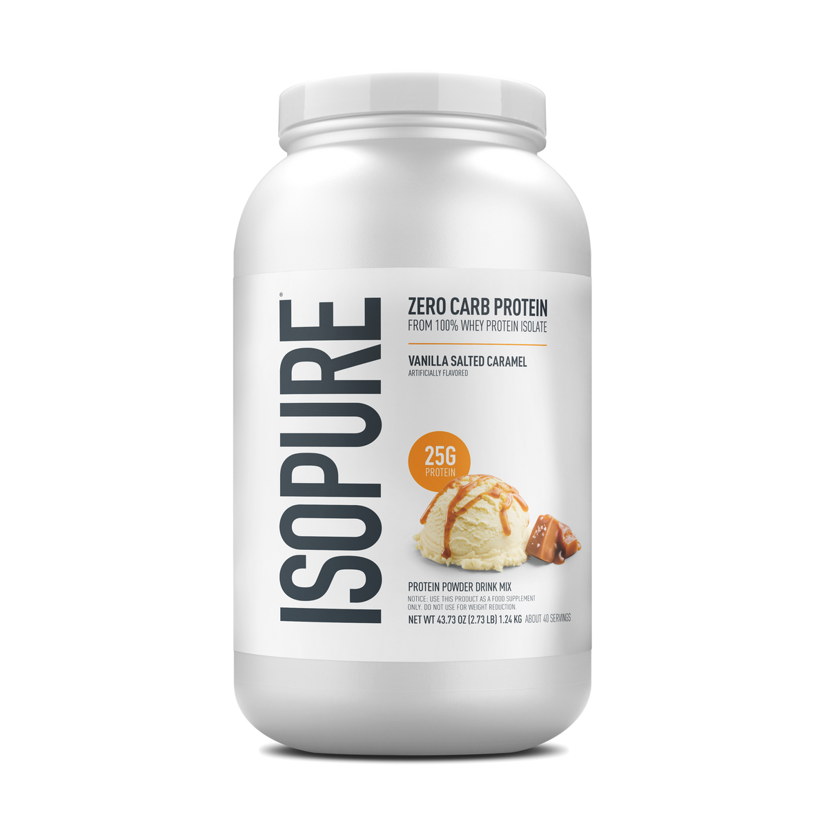 A white plastic tub of Isopure Zero Carb Protein Vanilla Salted Caramel flavor, featuring a clean white label with black text and a small vanilla ice cream cookie graphic.