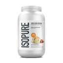 A white plastic tub of Isopure Zero Carb Protein Vanilla Salted Caramel flavor, featuring a clean white label with black text and a small vanilla ice cream cookie graphic.