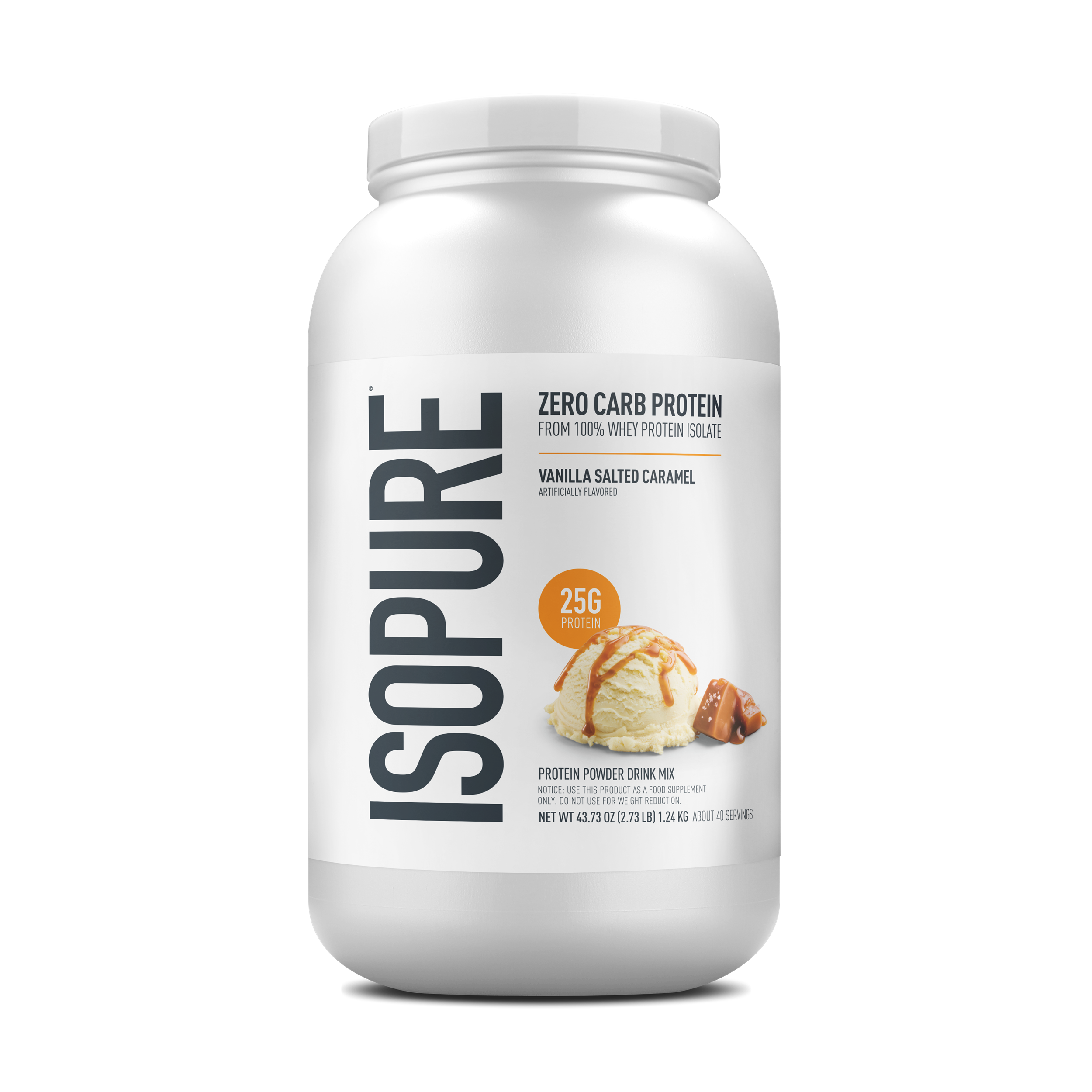 A white plastic tub of Isopure Zero Carb Protein Vanilla Salted Caramel flavor, featuring a clean white label with black text and a small vanilla ice cream cookie graphic.