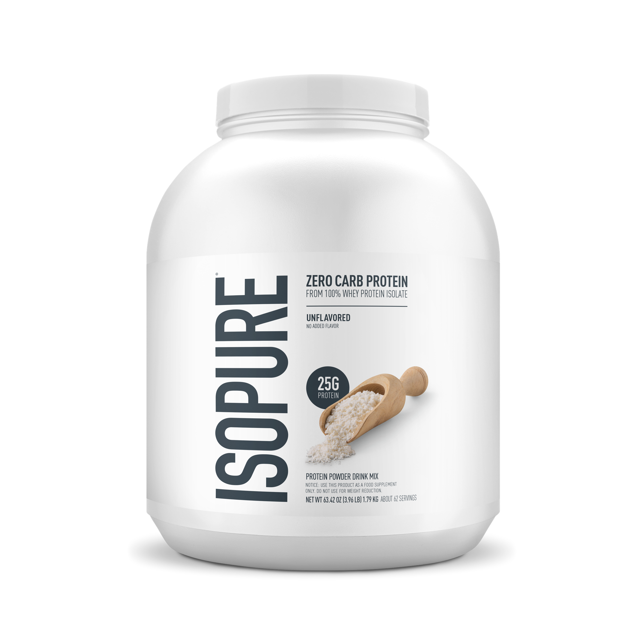 Isopure zero carb protein powder container on a white background
