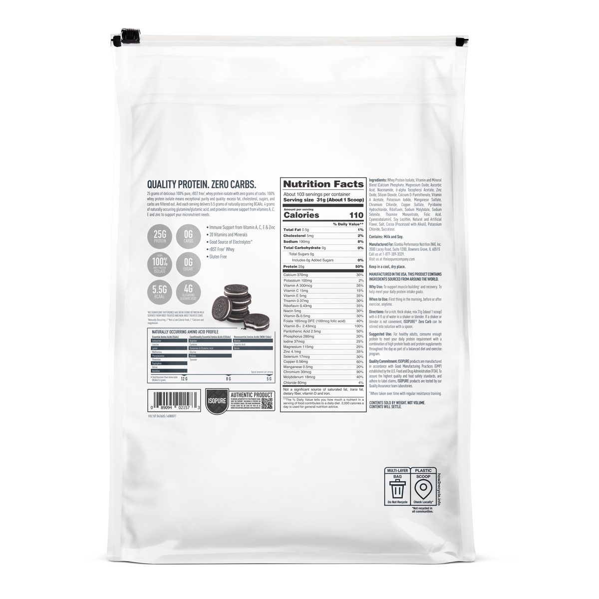 Back view of Isopure product packaging with nutrition and preparation information